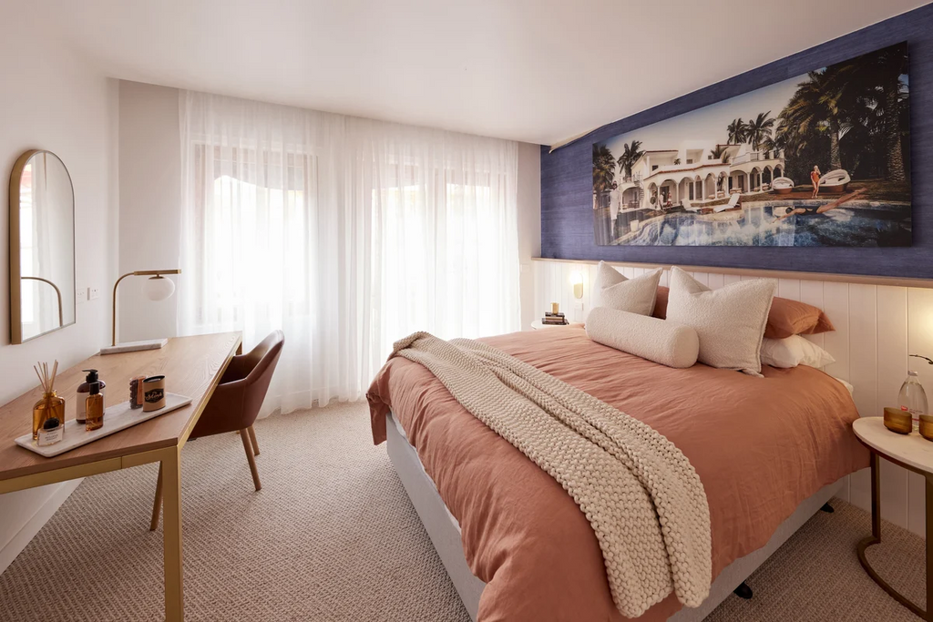 The Block 2023, Eliza and Liberty's work from home room featured as another guest bedroom with more space for a bed than a desk and contrasting pink and blue hues