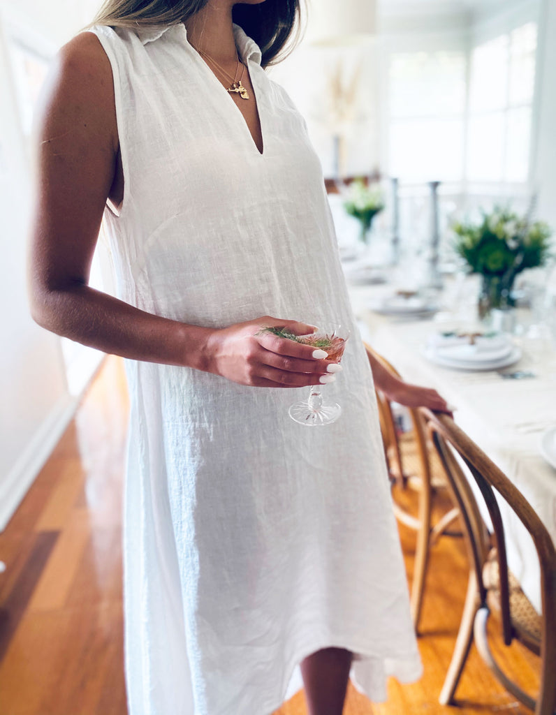 Womens white linen circlyn dress with hi-lo hemline