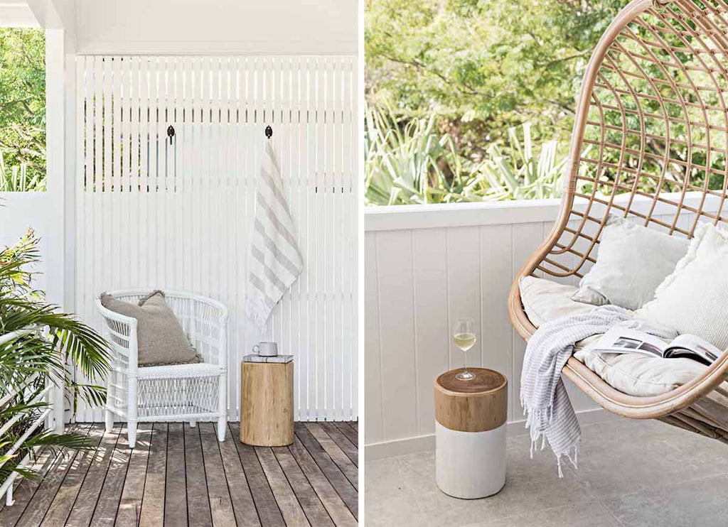The rattan hanging chair and patio at The Cape Beach House in Byron Bay featuring Eadie Lifestyle