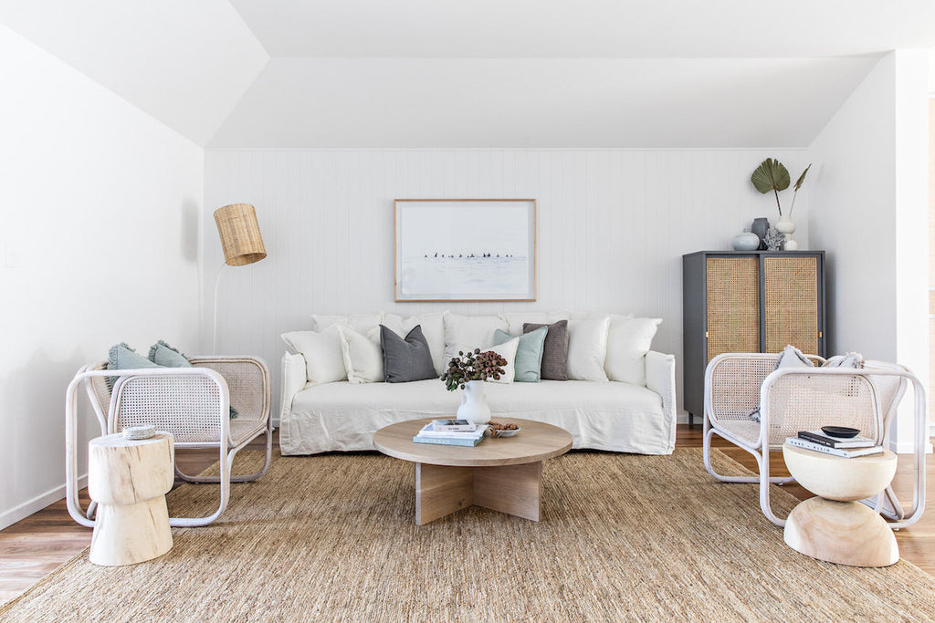 The natural textures and tones in the living space at The Cape Beach House in Byron Bay featuring Eadie Lifestyle