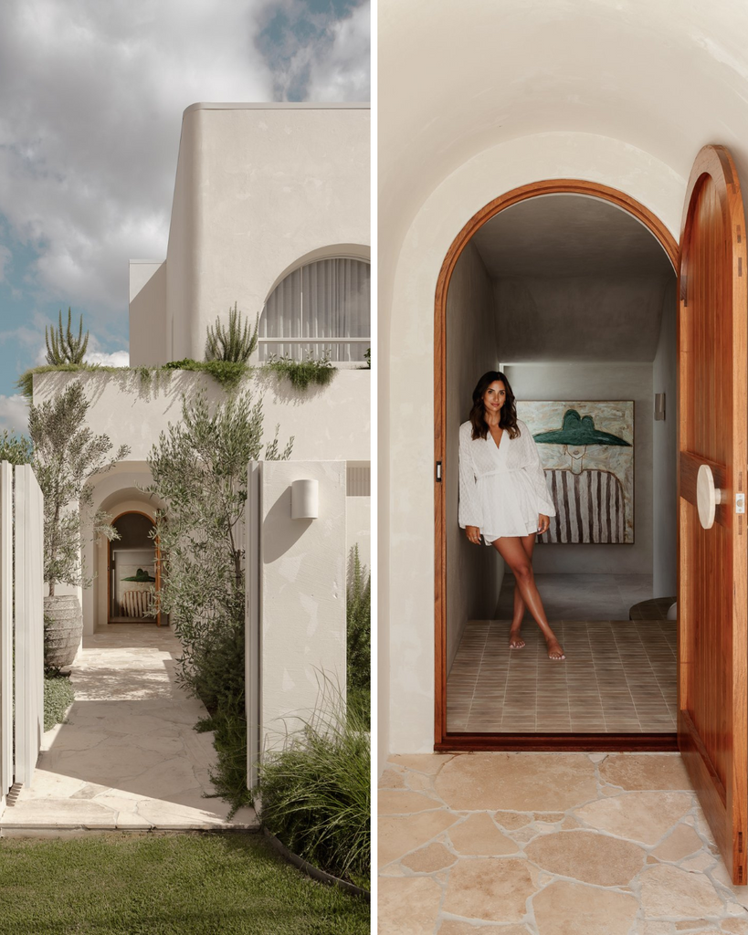 thessy k in the frame of her front curved door frame and a front shot of the exterior of the greek inspired home