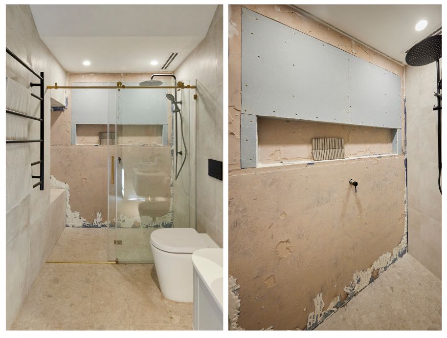 Kristy and Brett’s unfinished Redo Bathroom with plaster on the wall and no tiling had new black accents and potential