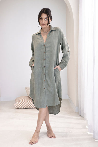 Fundamental Linen Robe - White w' Charcoal Fine Stripe – Eadie