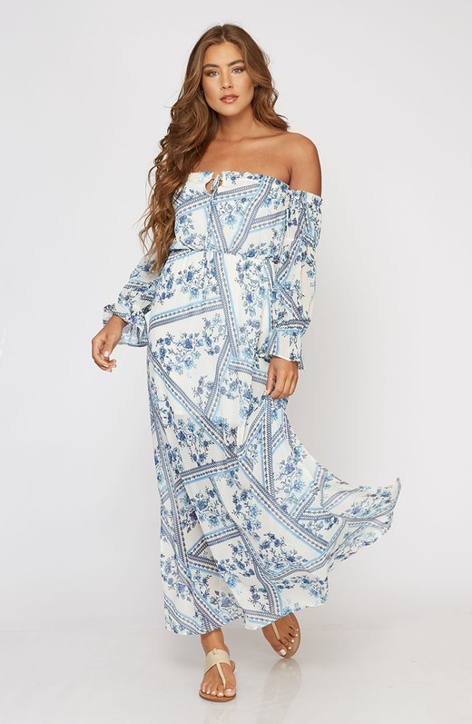 blue and white maxi dress with sleeves