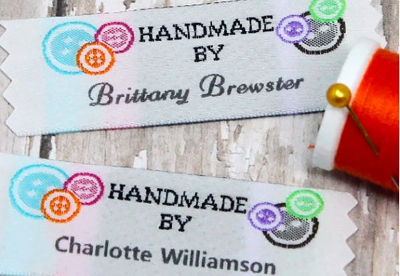 Two personalized woven sewing labels