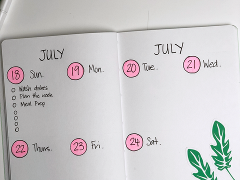 Photo of an open Add Pink and Stir notebook with a bullet journal weekly spread for the week of July 18. 