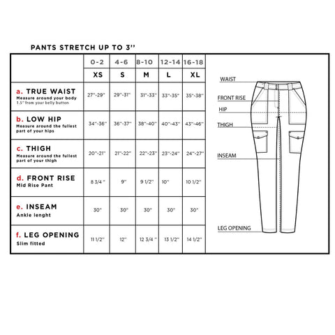 SIZE CHART FOR THE ANATOMIE CARGO PANT