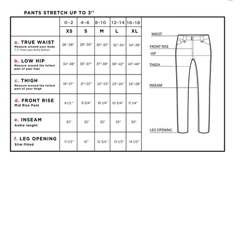 Anatomie Skyler Travel Pant size chart