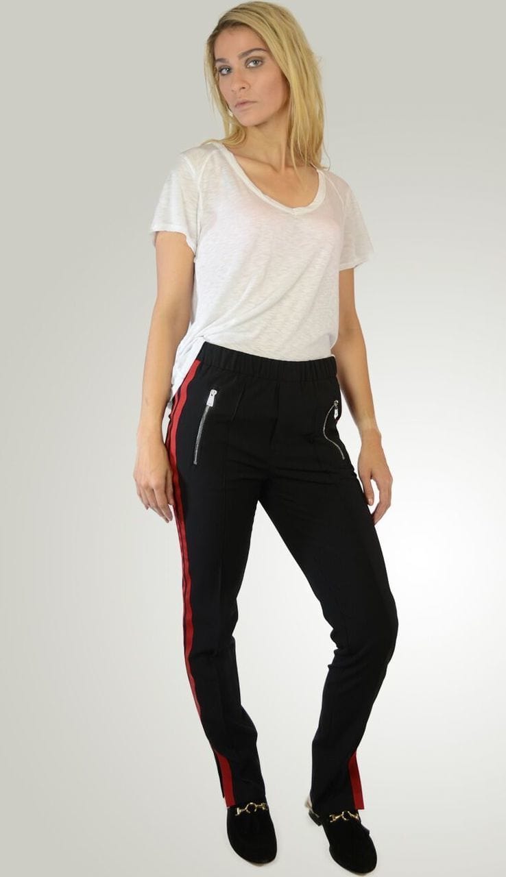 black pants with red stripe down the side