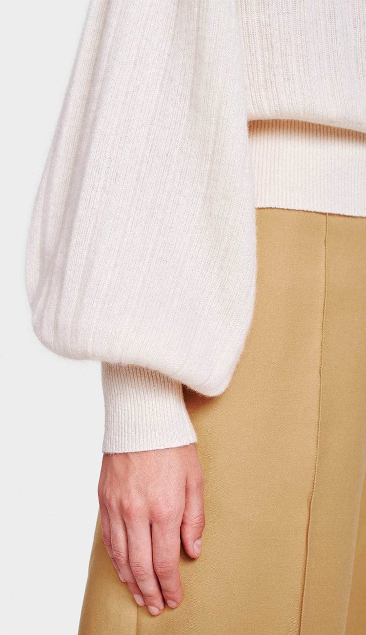 Cashmere Pleated Sleeve Crewneck Sweater - Pearl White