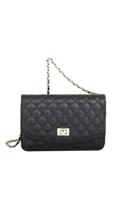black quilted crossbody bag with chain