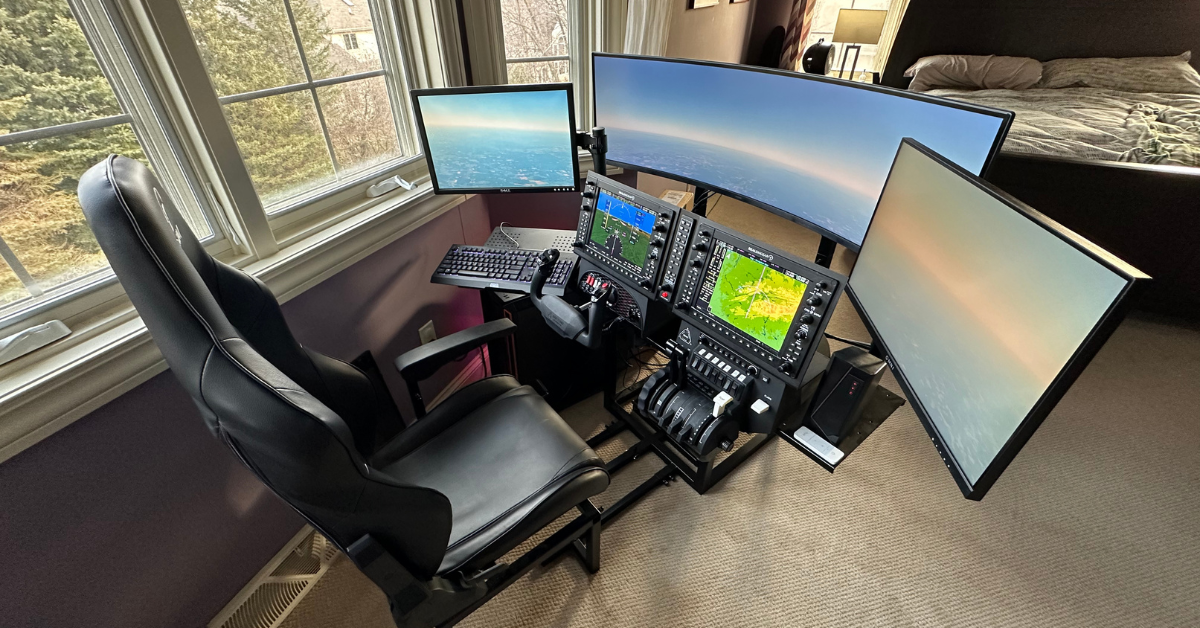 A g1000 flight simulator and three monitors on a desk in a bedroom 