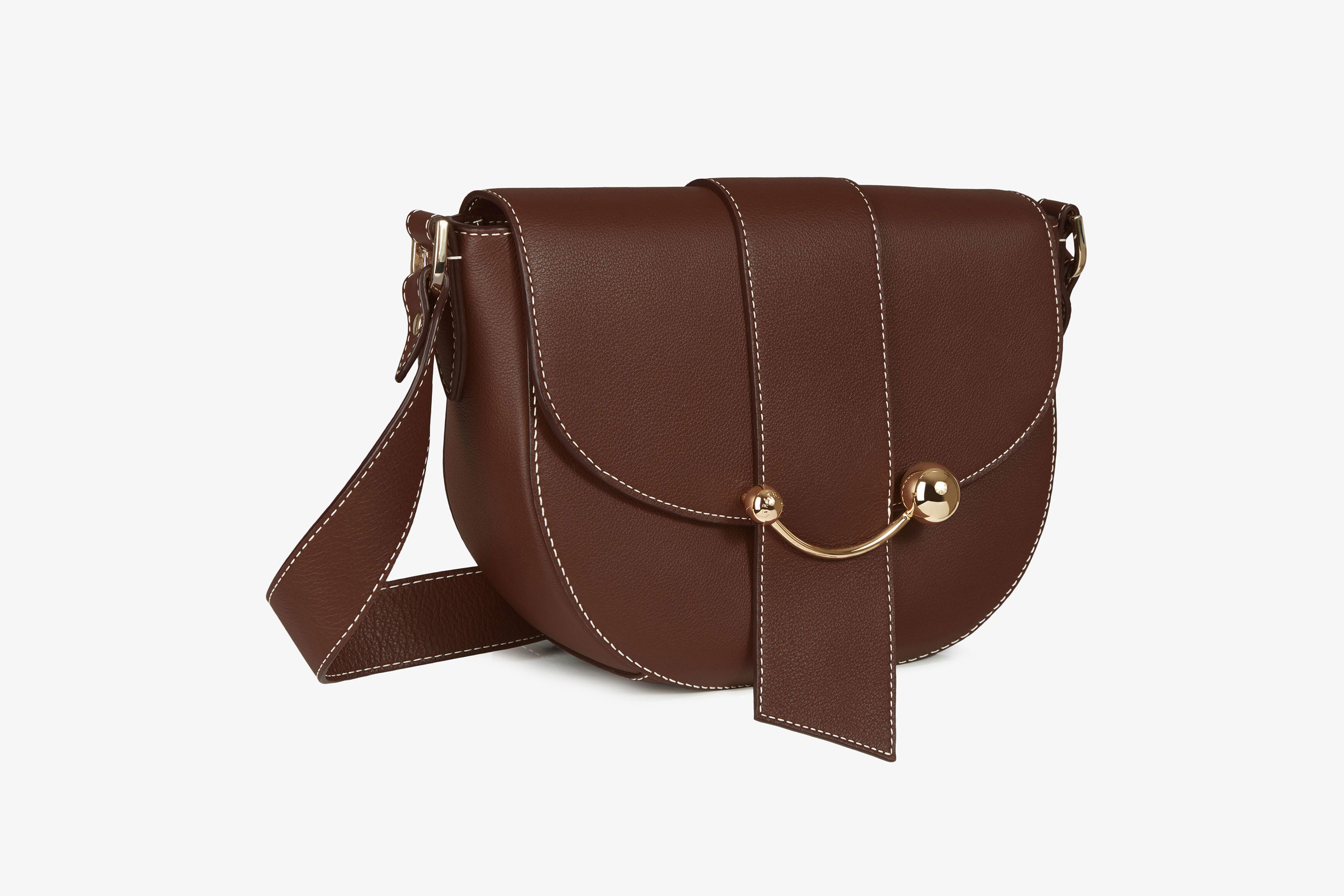 A view showcasing our Crescent Satchel - Chocolate with Vanilla Stitch