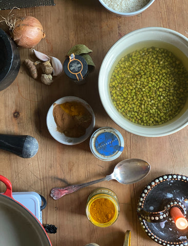 ingredients for kitchari on a woden table