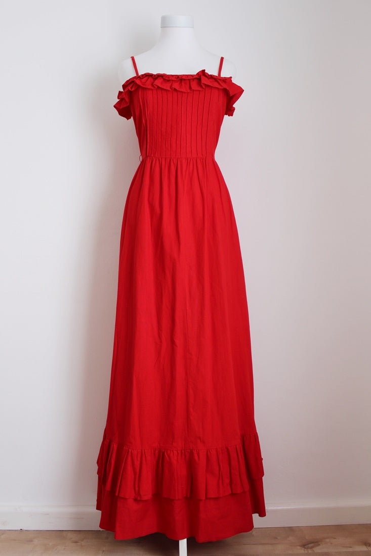 VINTAGE RED PLEATED RUFFLE DAY DRESS - SIZE 10