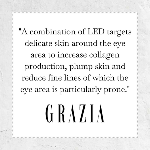 A combination of LED targets delicate skin around the eye area to increase collagen production, plump skin and reduce fine lines of whihc the eye area is particularly prone - quote from Grazia