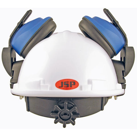 white helmet with mounted blue ear protectors