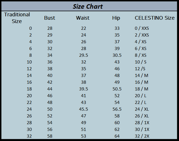 CELESTINO size chart