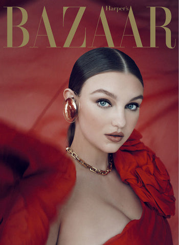 Celestino | harper's bazaar | Harper's | Bazaar | Sustainable fashion | sustainable couture | Drape | chiffon | red | cocktail | cover | Manny Roman  |