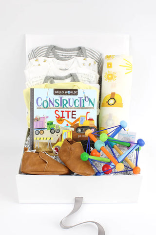 Construction themed baby gift box