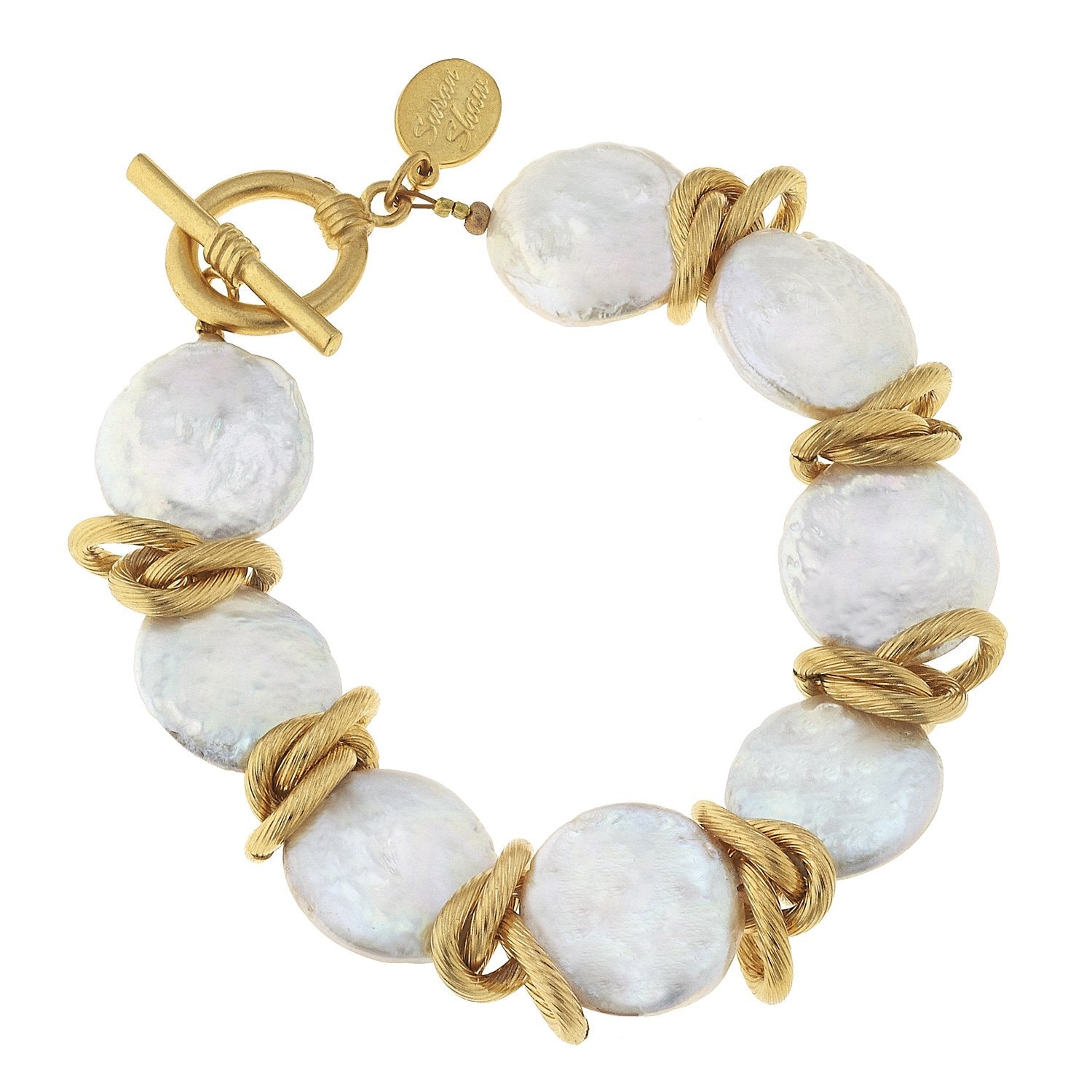 Susan Shaw Coin Pearl Linked Chain Bracelet Susan Shaw Jewelry