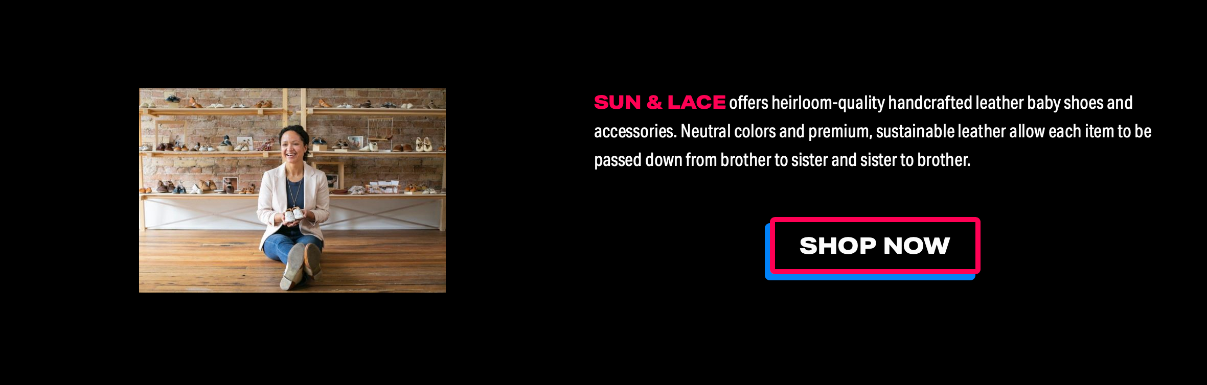 Sun & Lace on Black Entrepreneurs Day site. Black box with shop description and image of founder.