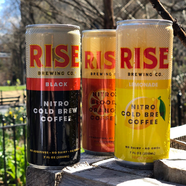 RISE nitro cold brew coffee -- organic, non-GMO, sustainably-sourced beverage in a can -- in 3 flavors: Original Black, Lemonade, and Blood Orange