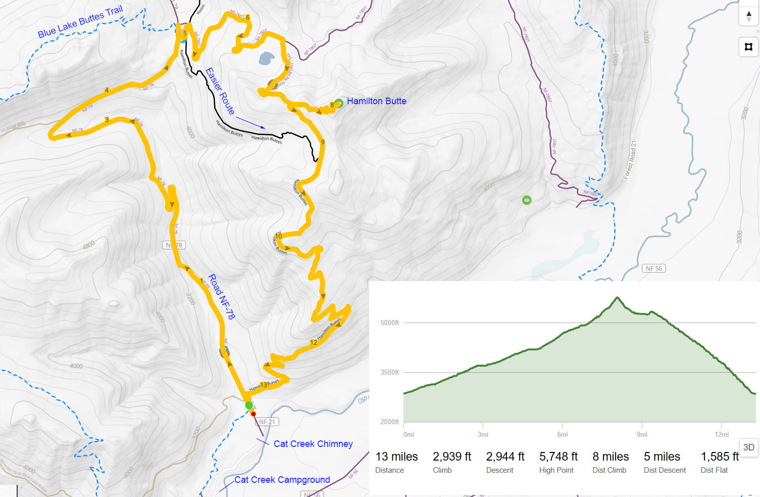 Overview map for mountain biking Hamilton Buttes Trail in the Gifford Pinchot National Forest