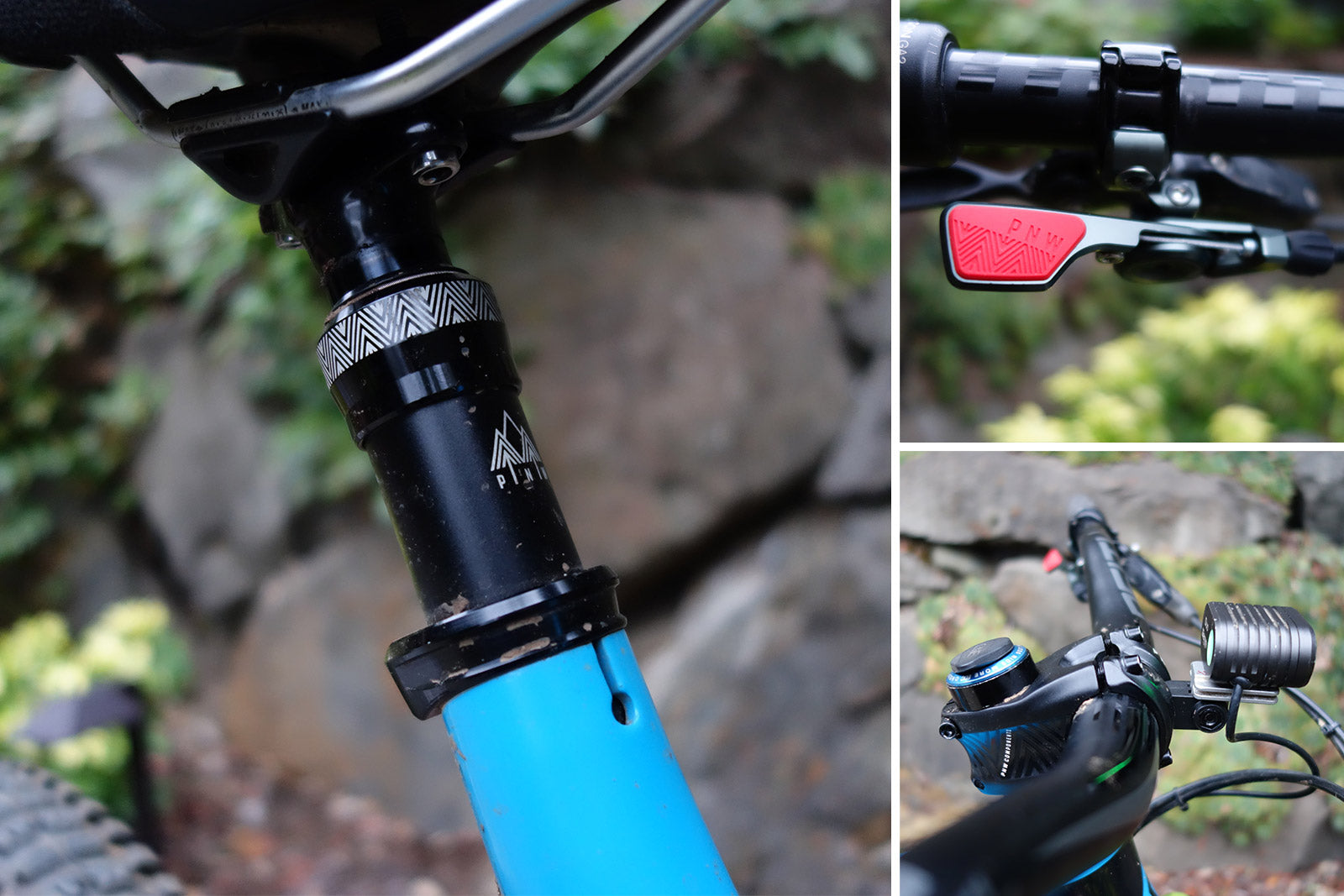 PNW Components Bachelor dropper, Loam Lever, and Range Stem with GoPro mount set up for a bar light.