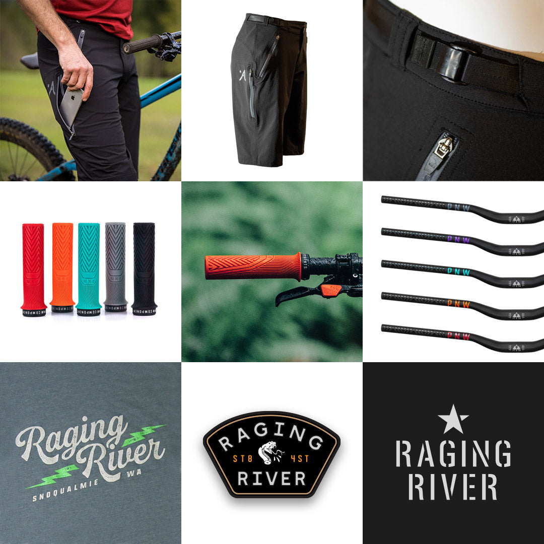 Prize pack for Tales from the Trails: Raging River. PNW Components, Dirtco, Abit Gear.