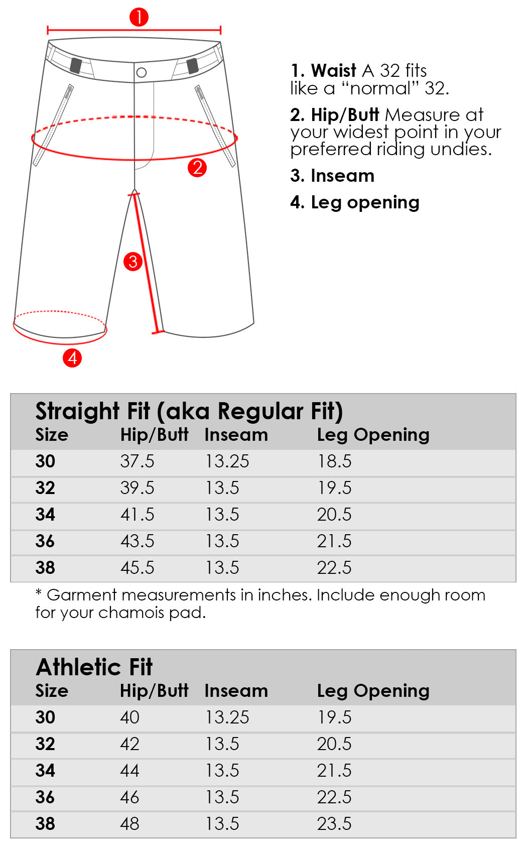 Abit Gear V1 Enduro Short Size Chart