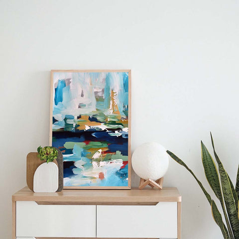 modern blue abstract coastal art for later living design