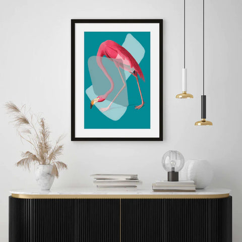 pink flamengo in teal pop framed canvas