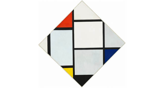 Original Abstract Painting Tableau No. IV Lozenge Composition with Red, Grey, Blue, Yellow and Black  Credit: piet-mondrian