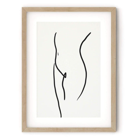 Nude line art print in oak wooden frame