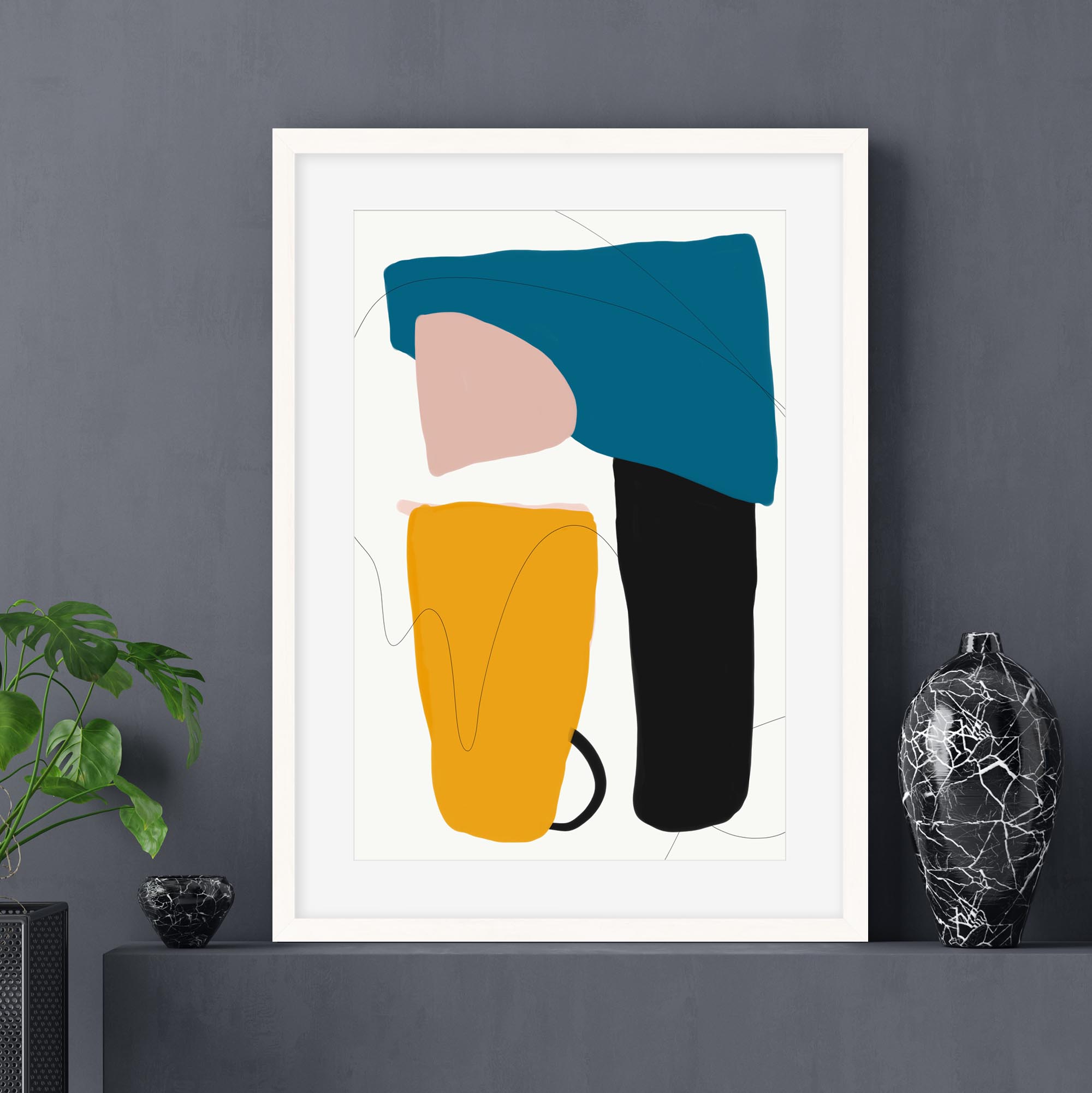 mid century modern art print colourful abstract shapes living room interiors