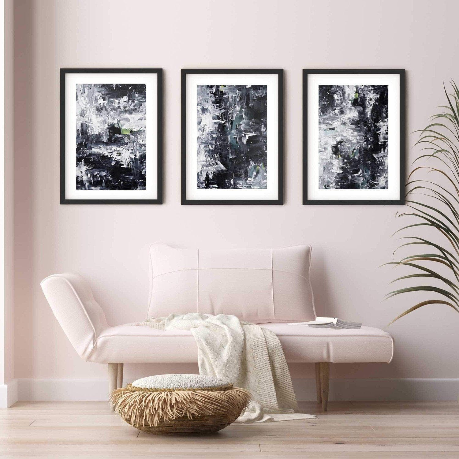 living room art monochrome abstract art pastel pink chaise lounge