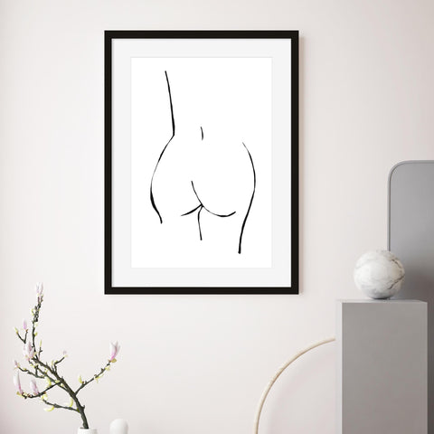 bum drawing black and white nude line art print minimal