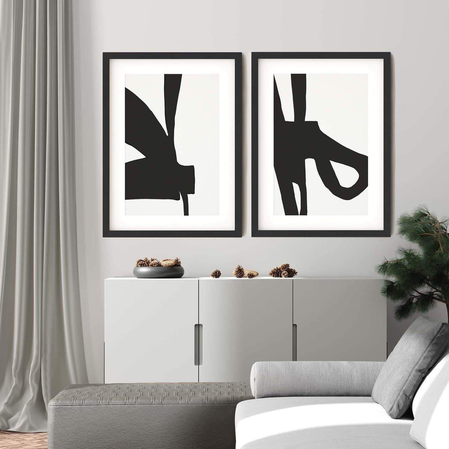 monochrome brush strokes minimalist black and white living room art