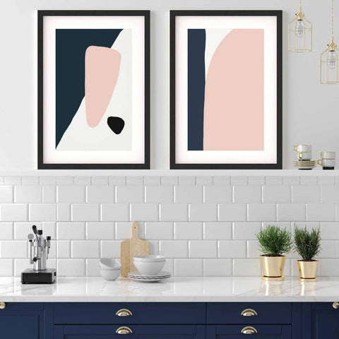 navy and pink blush abstract art prints geometric set of two prints for modern kitchen interiors