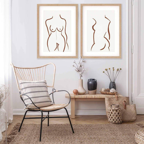 brown neutral nude line drawing hallway art print entrance hall seating accent chair