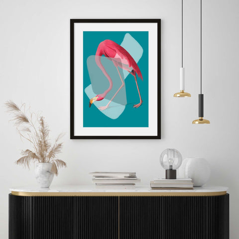 pop art hallway interior inspiration pink flamingo teal artwork