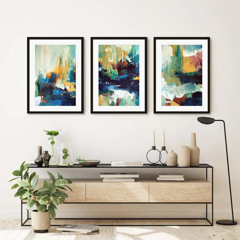 vibrant abstract fields framed print set of 3 glass UK