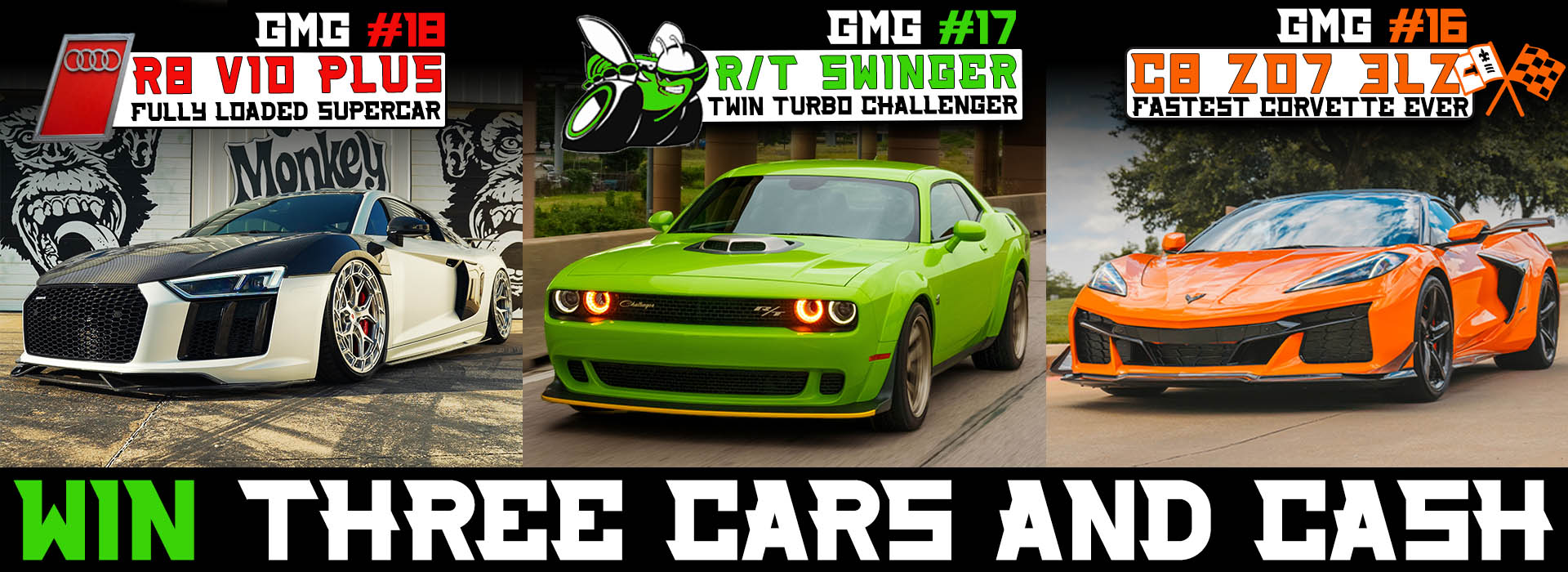 Contest graphic showcasing three cars: an Audi R8, Dodge Challenger, and Chevrolet Corvette.