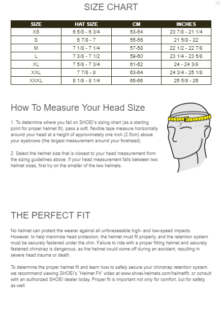 Full Face Helmet Size Chart