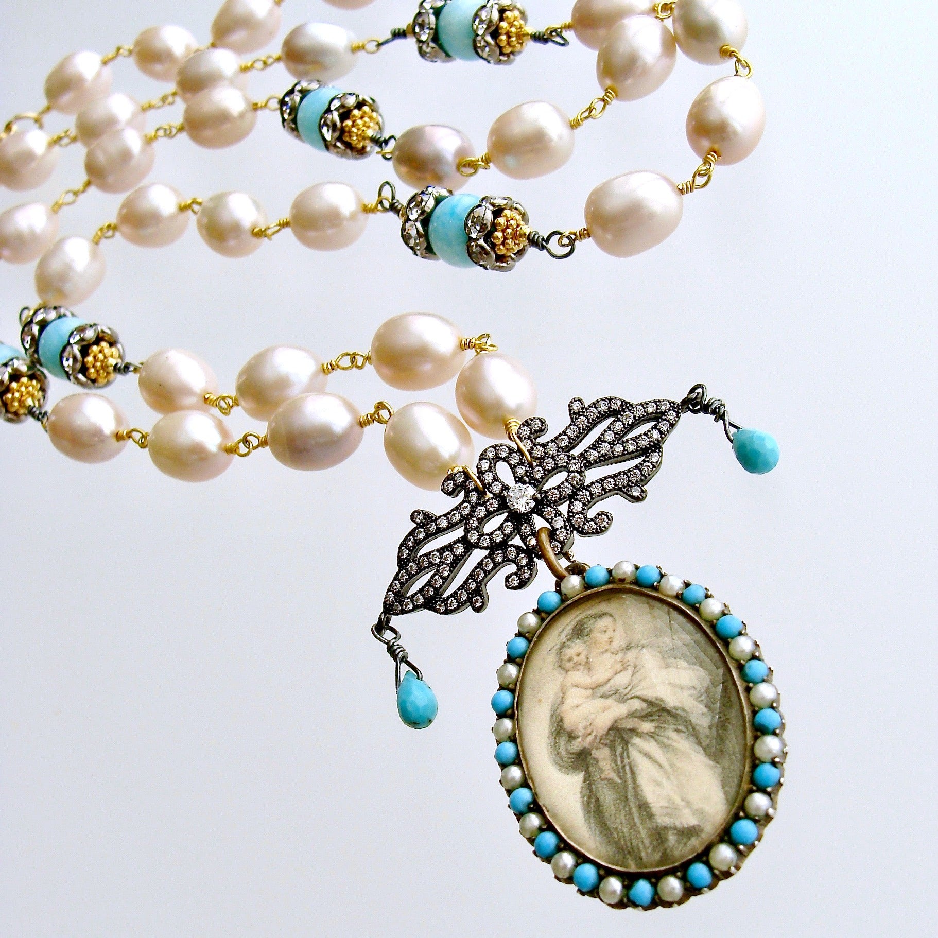 Turquoise Amazonite Pearls Madonna And Child Victorian Mourning Locket ...