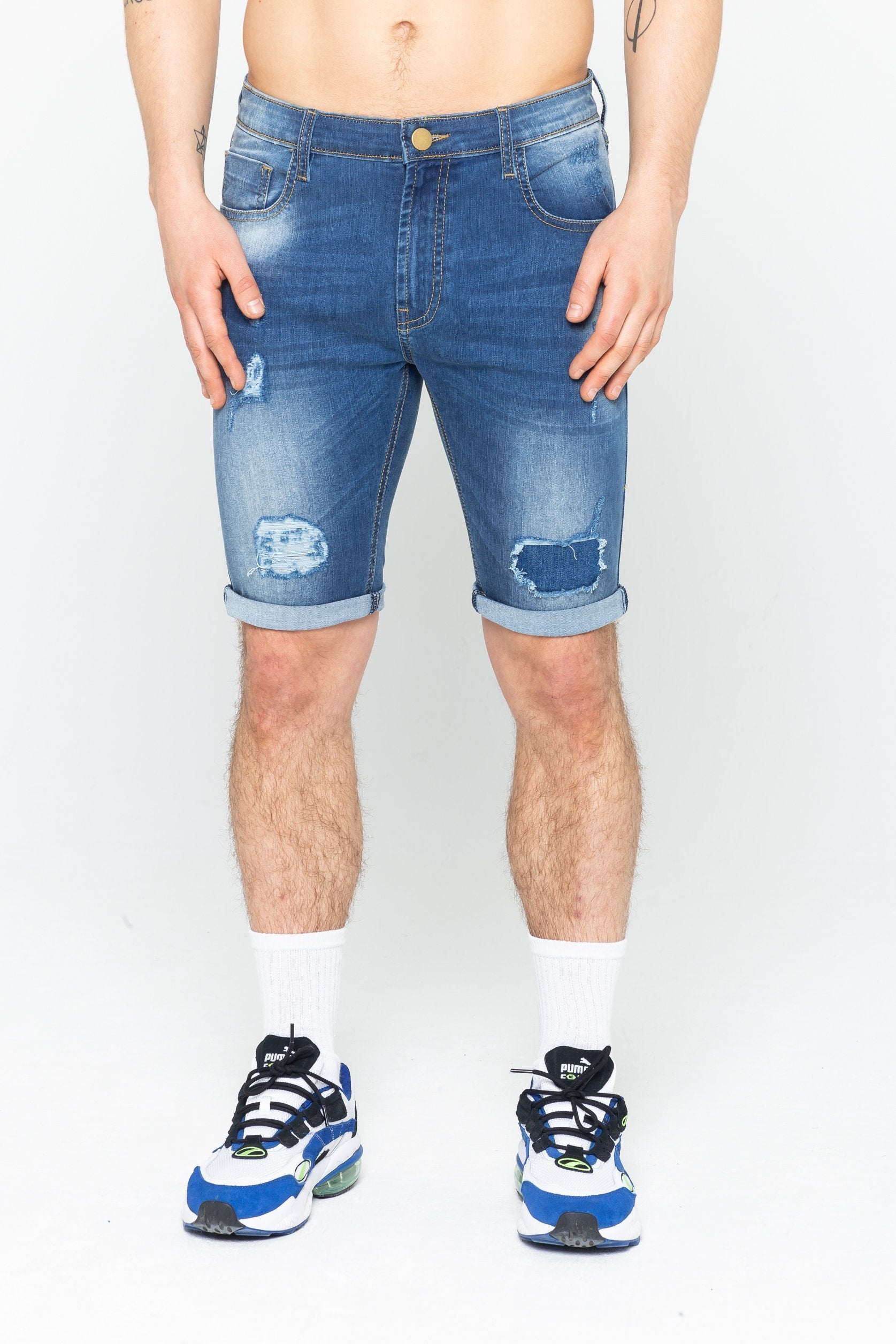 Mens Lincoln Spray On Denim Shorts Mid Blue Golden Equation