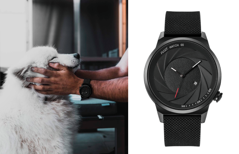 a man can be seen wearing the caelus watch while petting his dog