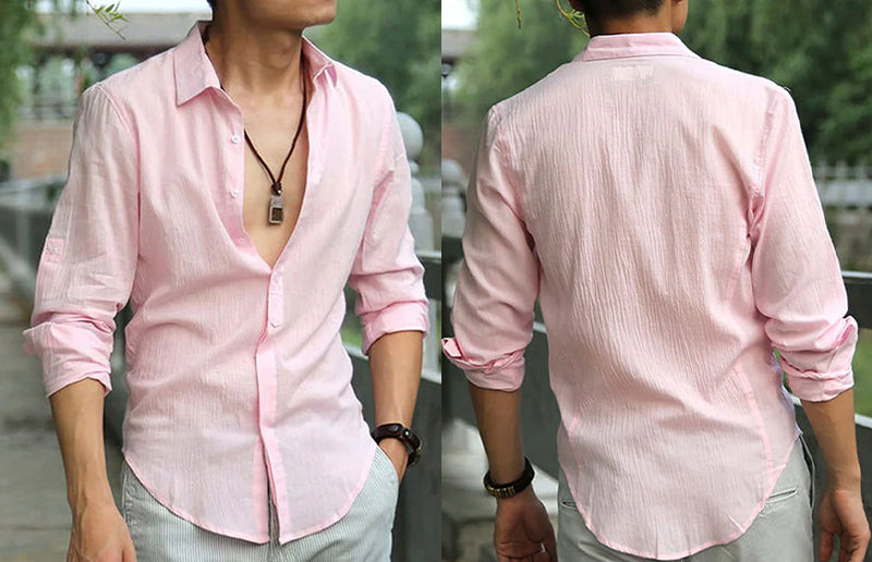 a man wearing cotton linen summer shirt in pink