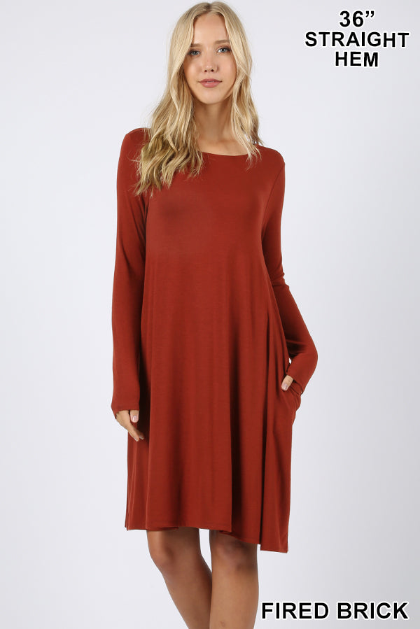 PREMIUM LONG SLEEVE FLARE DRESS WITH POCKETS Zenana